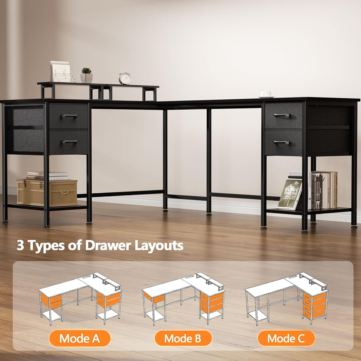 59 inch L Shaped Computer Desk with Power Outlets, Black