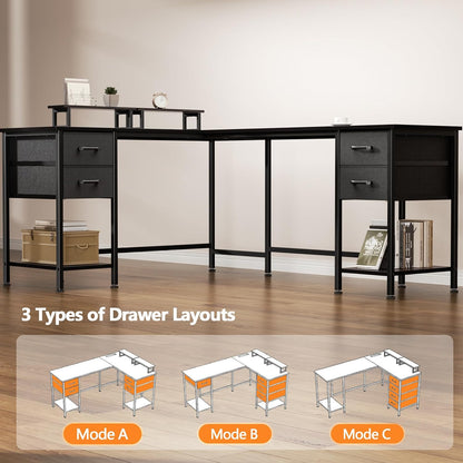 59 inch L Shaped Computer Desk with Power Outlets, Black