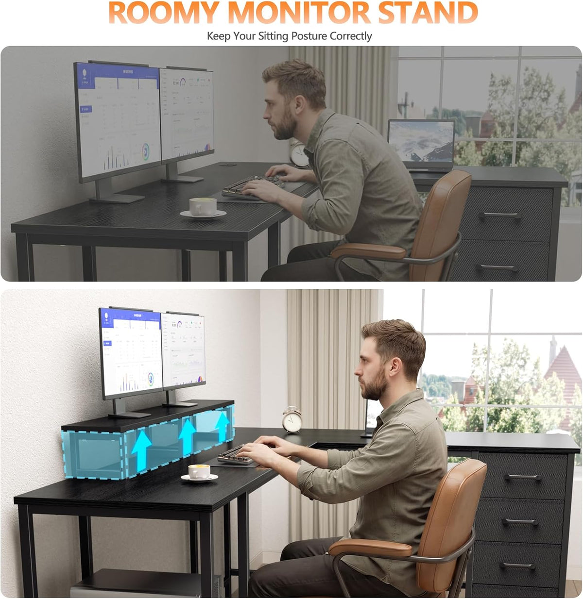59 inch L Shaped Computer Desk with Power Outlets, Black