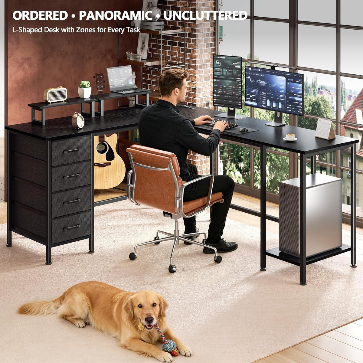 59 inch L Shaped Computer Desk with Power Outlets, Black