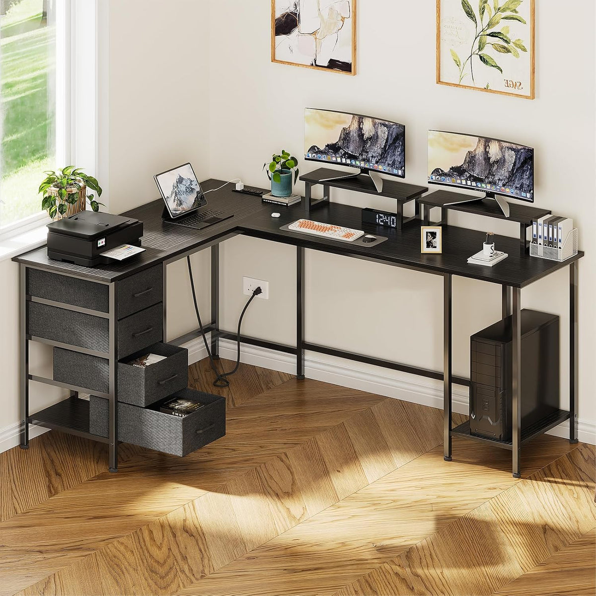 59 inch L Shaped Computer Desk with Power Outlets, Black