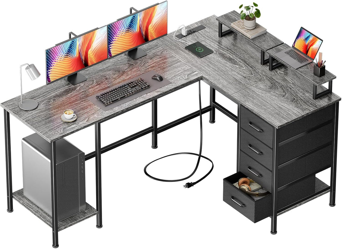 59 inch L Shaped Computer Desk with Power Outlets, Black