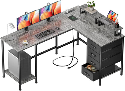 59 inch L Shaped Computer Desk with Power Outlets, Black