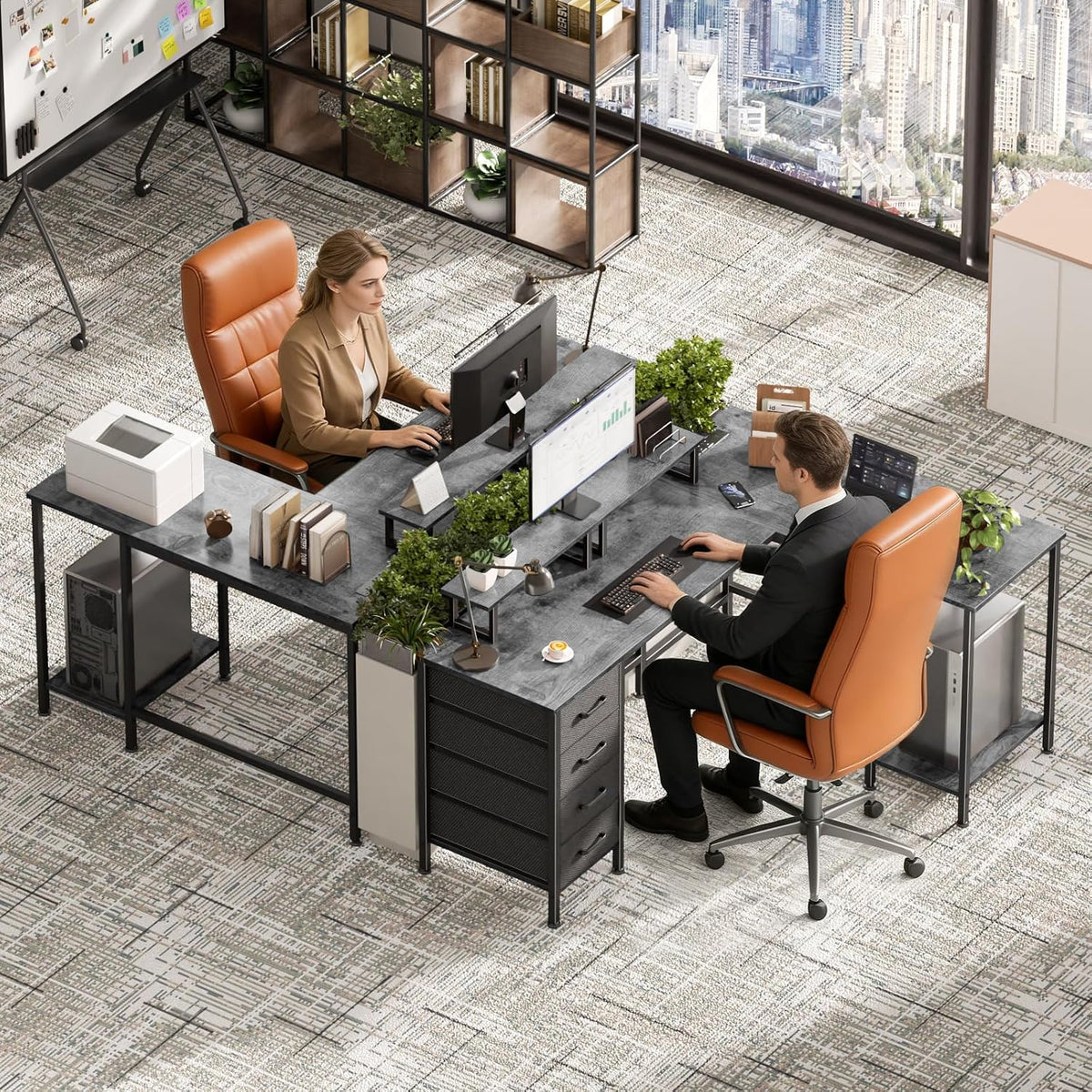 59 inch L Shaped Computer Desk with Power Outlets, Black