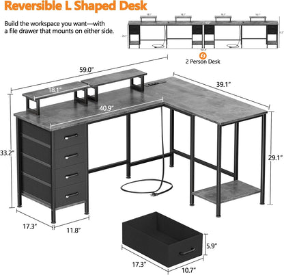 59 inch L Shaped Computer Desk with Power Outlets, Black