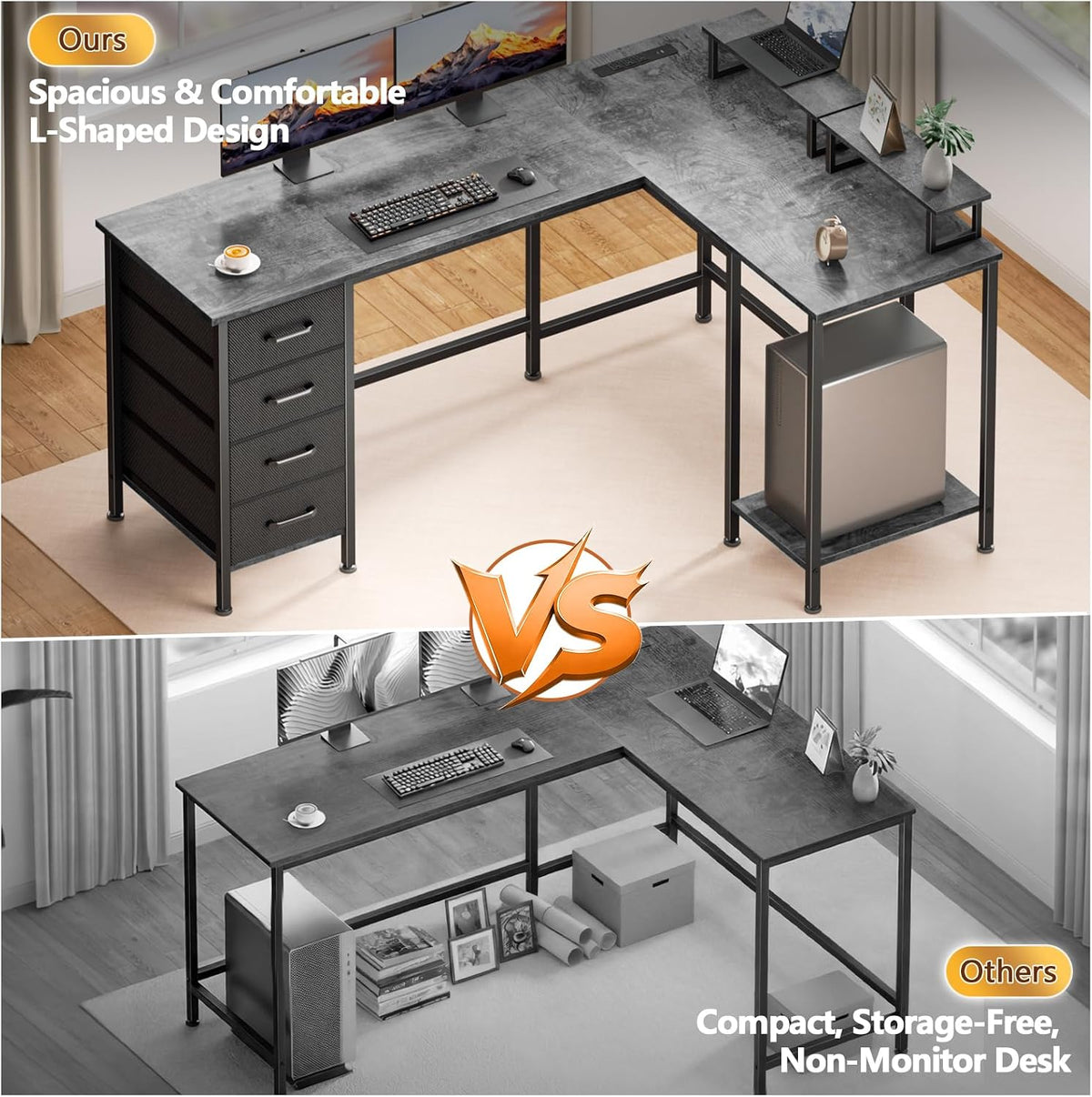 59 inch L Shaped Computer Desk with Power Outlets, Black