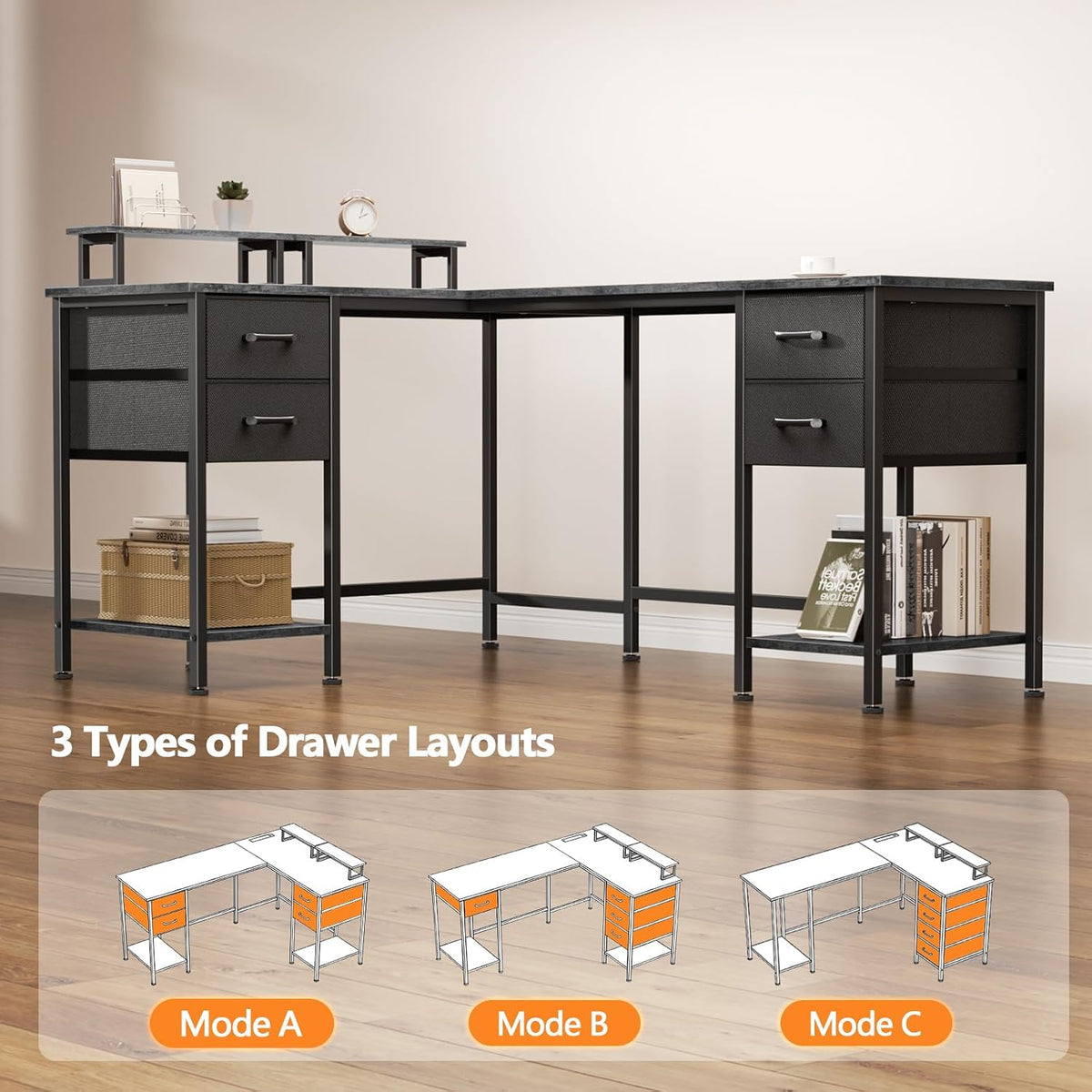 59 inch L Shaped Computer Desk with Power Outlets, Black
