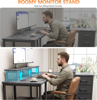 59 inch L Shaped Computer Desk with Power Outlets, Black