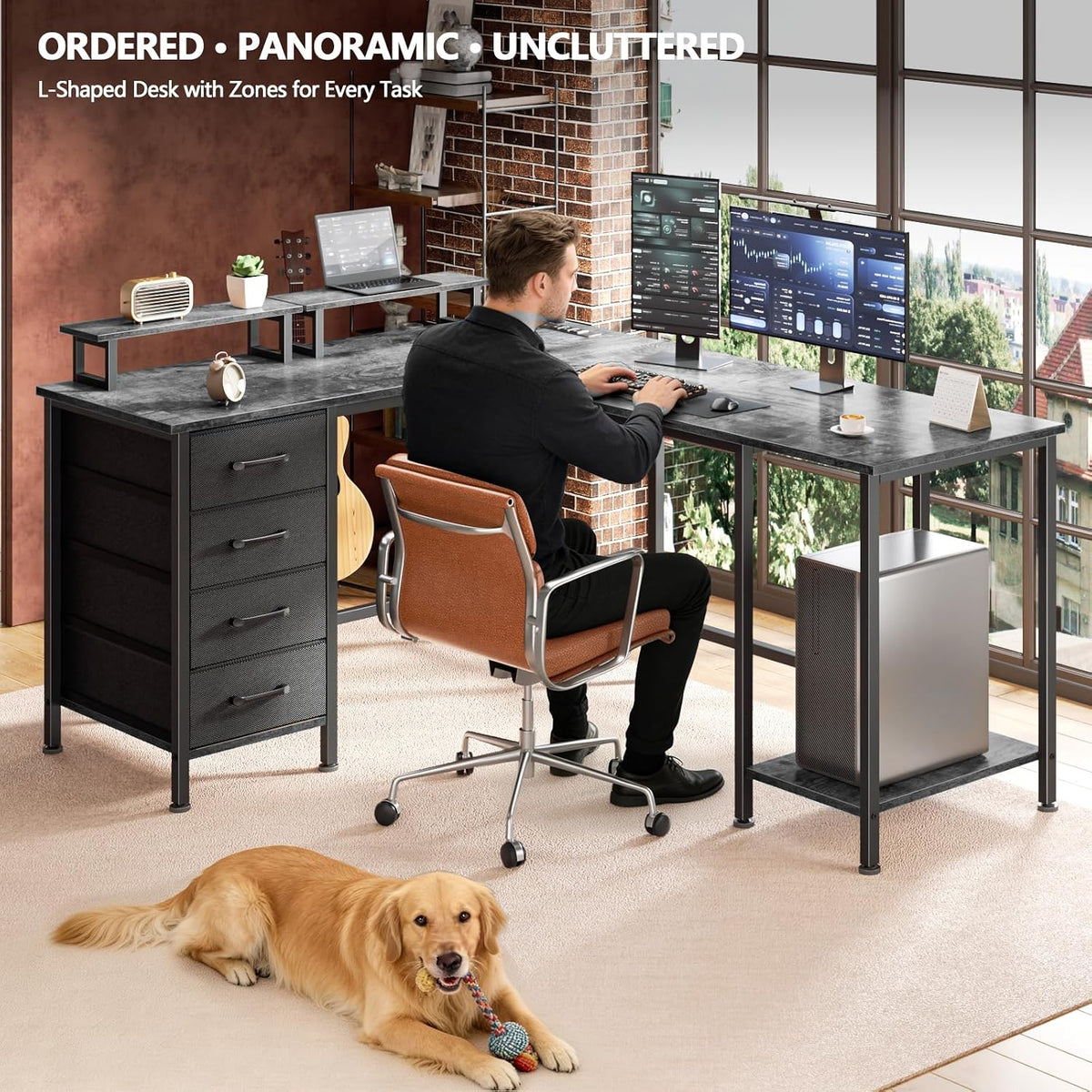59 inch L Shaped Computer Desk with Power Outlets, Black