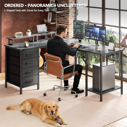 59 inch L Shaped Computer Desk with Power Outlets, Black