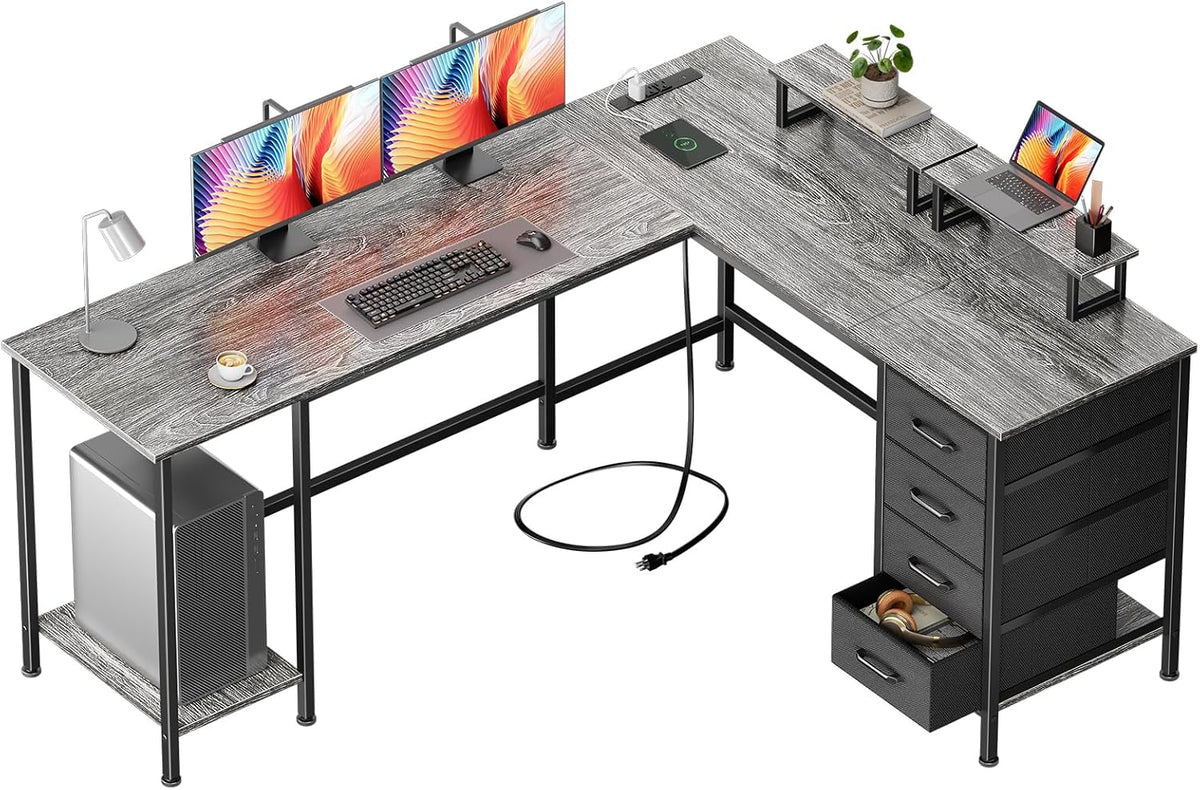59 inch L Shaped Computer Desk with Power Outlets, Black