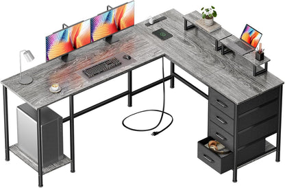 59 inch L Shaped Computer Desk with Power Outlets, Black