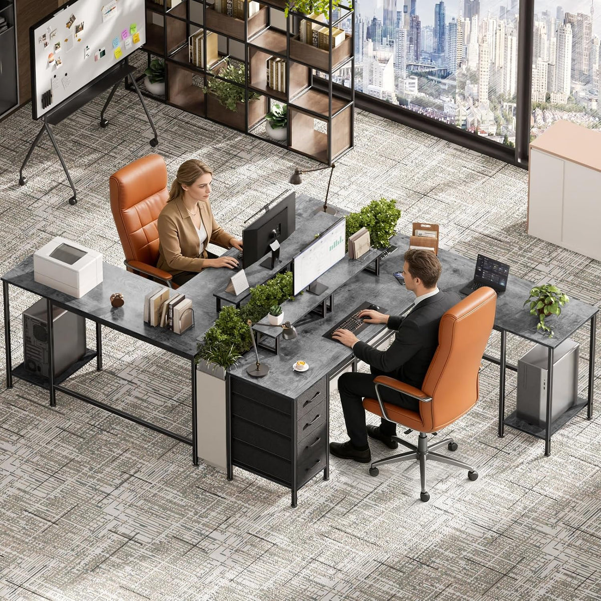 59 inch L Shaped Computer Desk with Power Outlets, Black