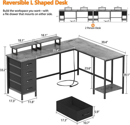 59 inch L Shaped Computer Desk with Power Outlets, Black