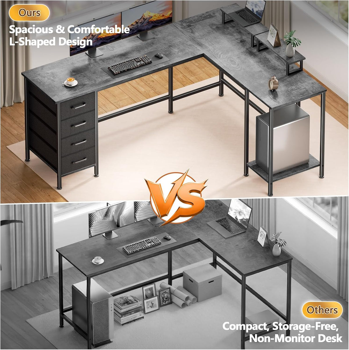 59 inch L Shaped Computer Desk with Power Outlets, Black
