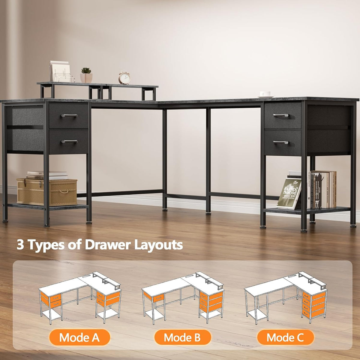 59 inch L Shaped Computer Desk with Power Outlets, Black