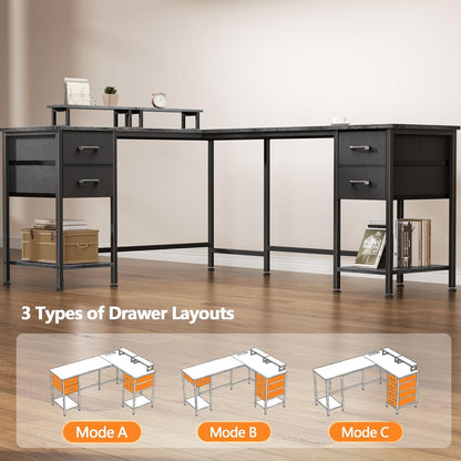 59 inch L Shaped Computer Desk with Power Outlets, Black