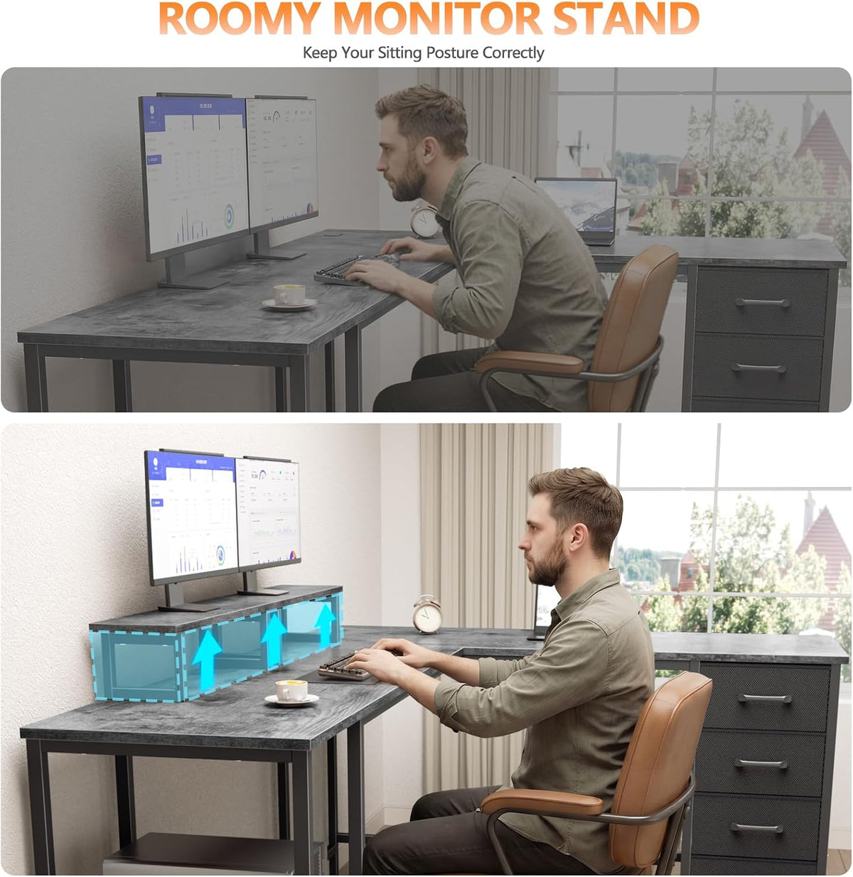 59 inch L Shaped Computer Desk with Power Outlets, Black