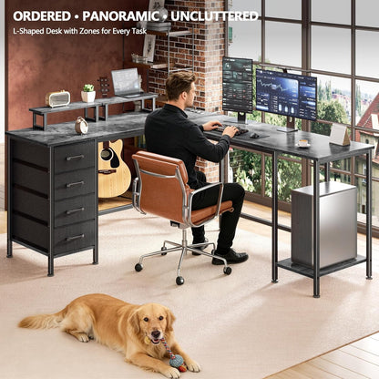 59 inch L Shaped Computer Desk with Power Outlets, Black