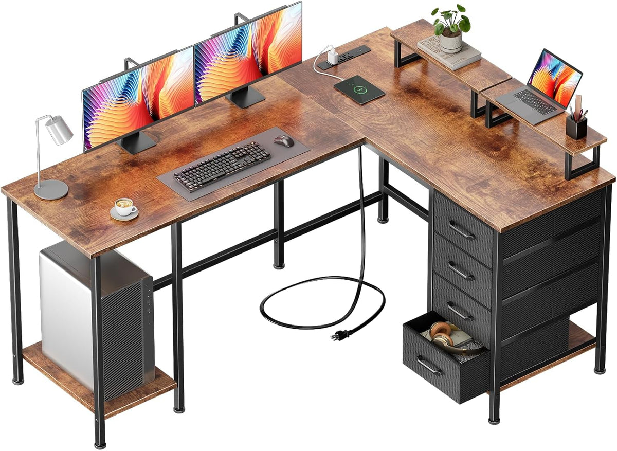 59 inch L Shaped Computer Desk with Power Outlets, Black
