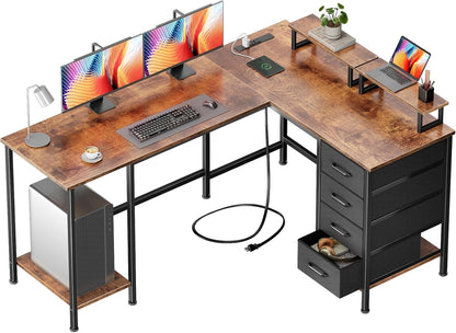 59 inch L Shaped Computer Desk with Power Outlets, Black