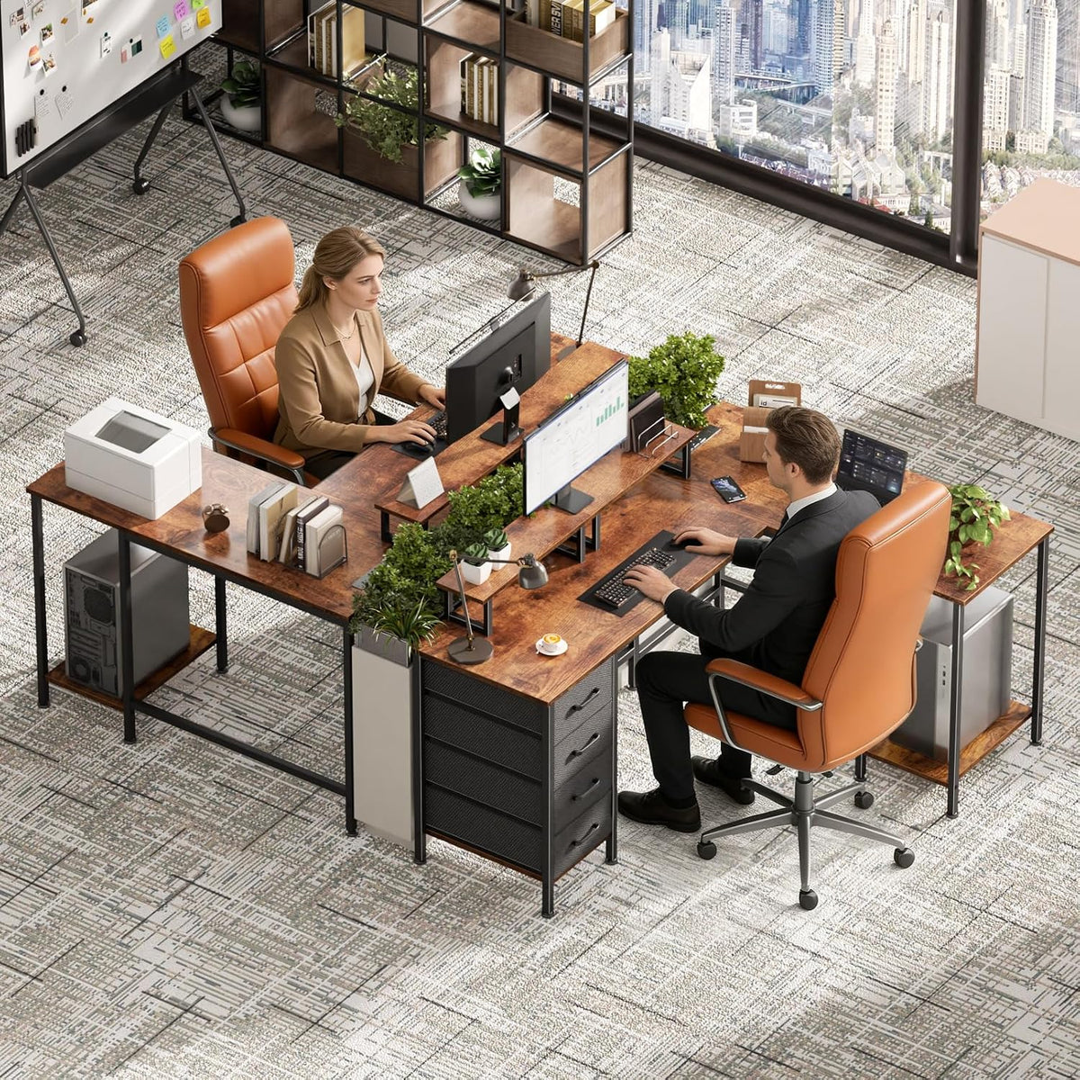 59 inch L Shaped Computer Desk with Power Outlets, Black