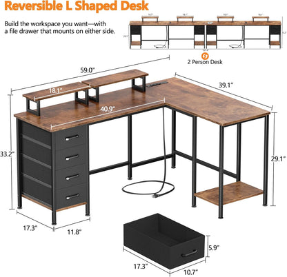 59 inch L Shaped Computer Desk with Power Outlets, Black