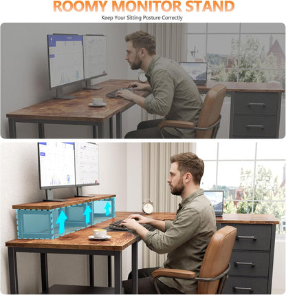 59 inch L Shaped Computer Desk with Power Outlets, Black