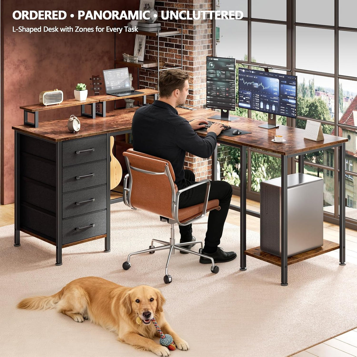 59 inch L Shaped Computer Desk with Power Outlets, Black