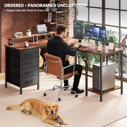 59 inch L Shaped Computer Desk with Power Outlets, Black