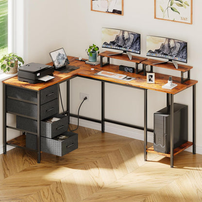 59 inch L Shaped Computer Desk with Power Outlets, Black