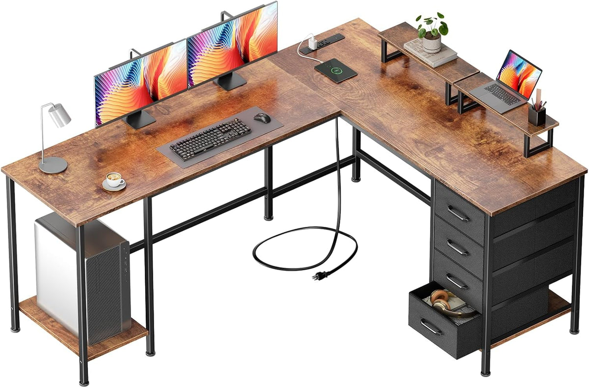 59 inch L Shaped Computer Desk with Power Outlets, Black