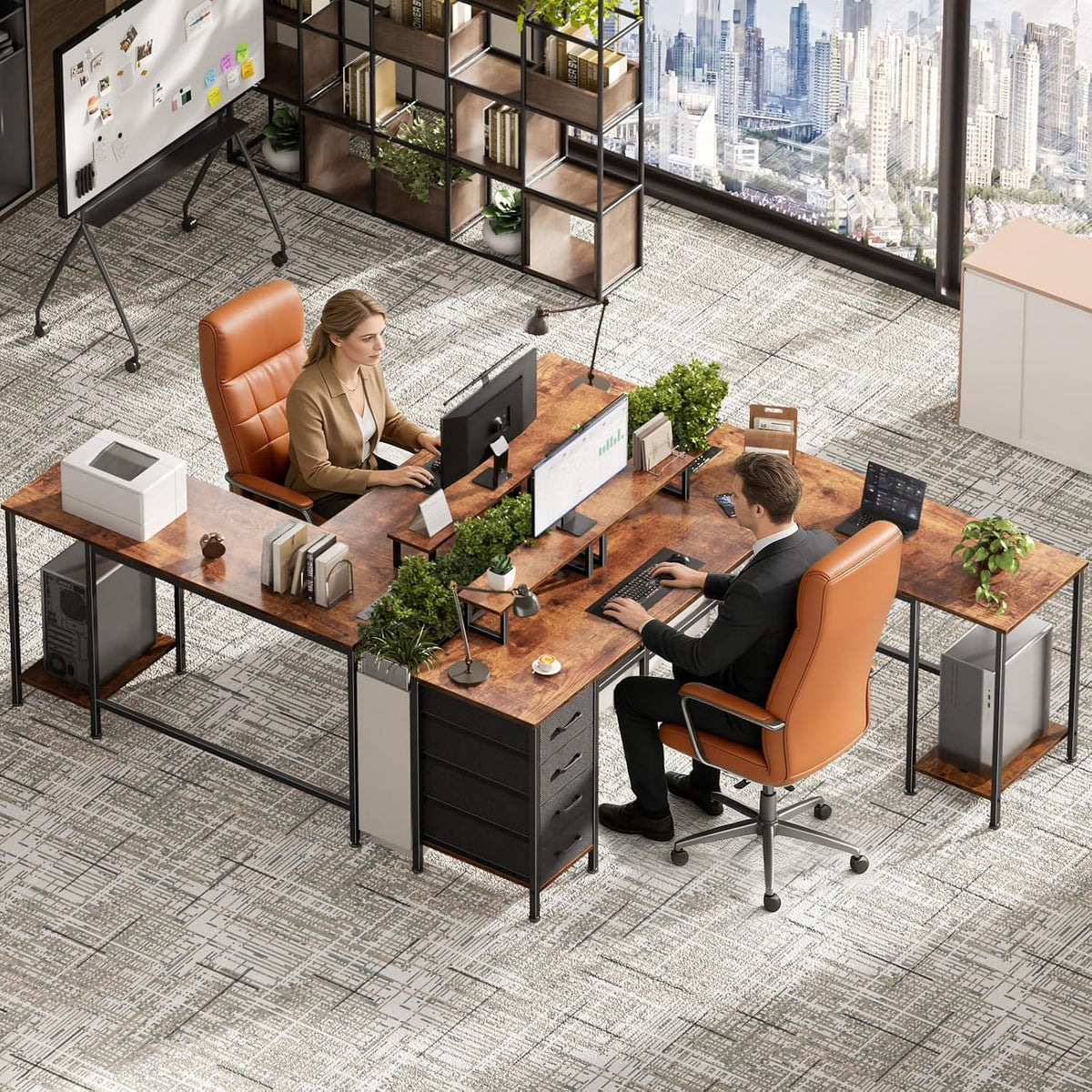 59 inch L Shaped Computer Desk with Power Outlets, Black