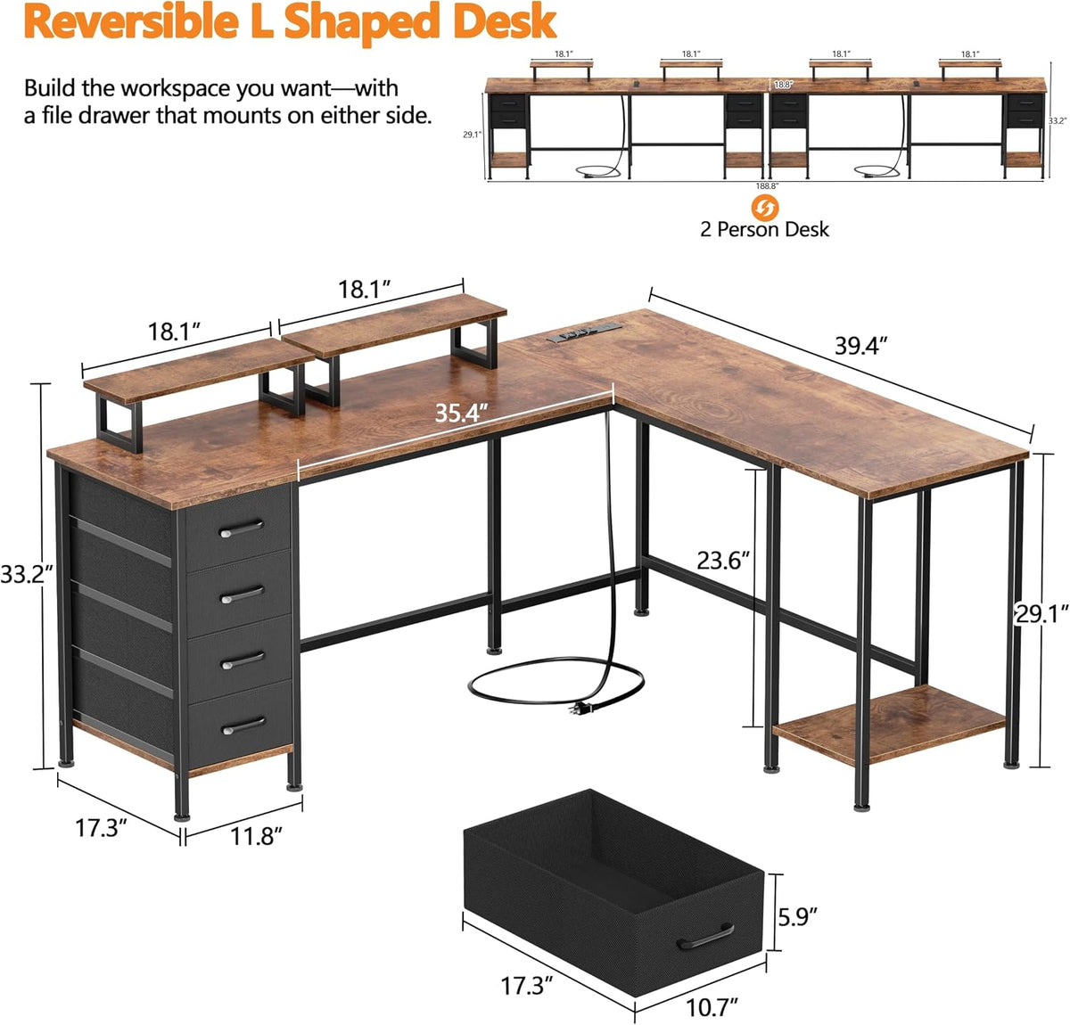59 inch L Shaped Computer Desk with Power Outlets, Black