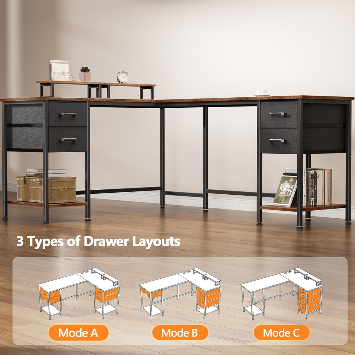 59 inch L Shaped Computer Desk with Power Outlets, Black