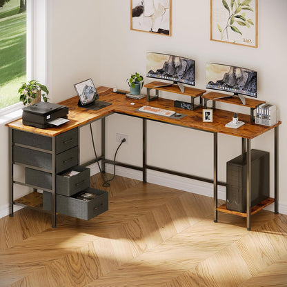 59 inch L Shaped Computer Desk with Power Outlets, Black