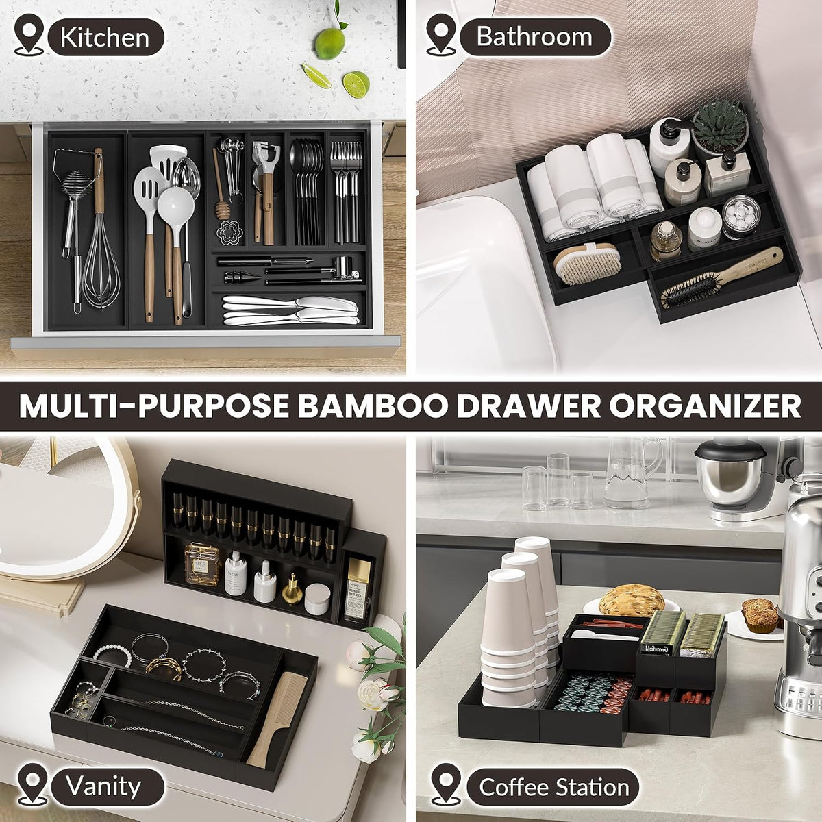 Bamboo Kitchen Drawer Organizer, 2-Pack, 9" x 6" x 2.5", Black