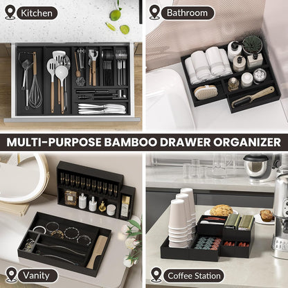 Bamboo Kitchen Drawer Organizer, 2-Pack, 9" x 6" x 2.5", Black