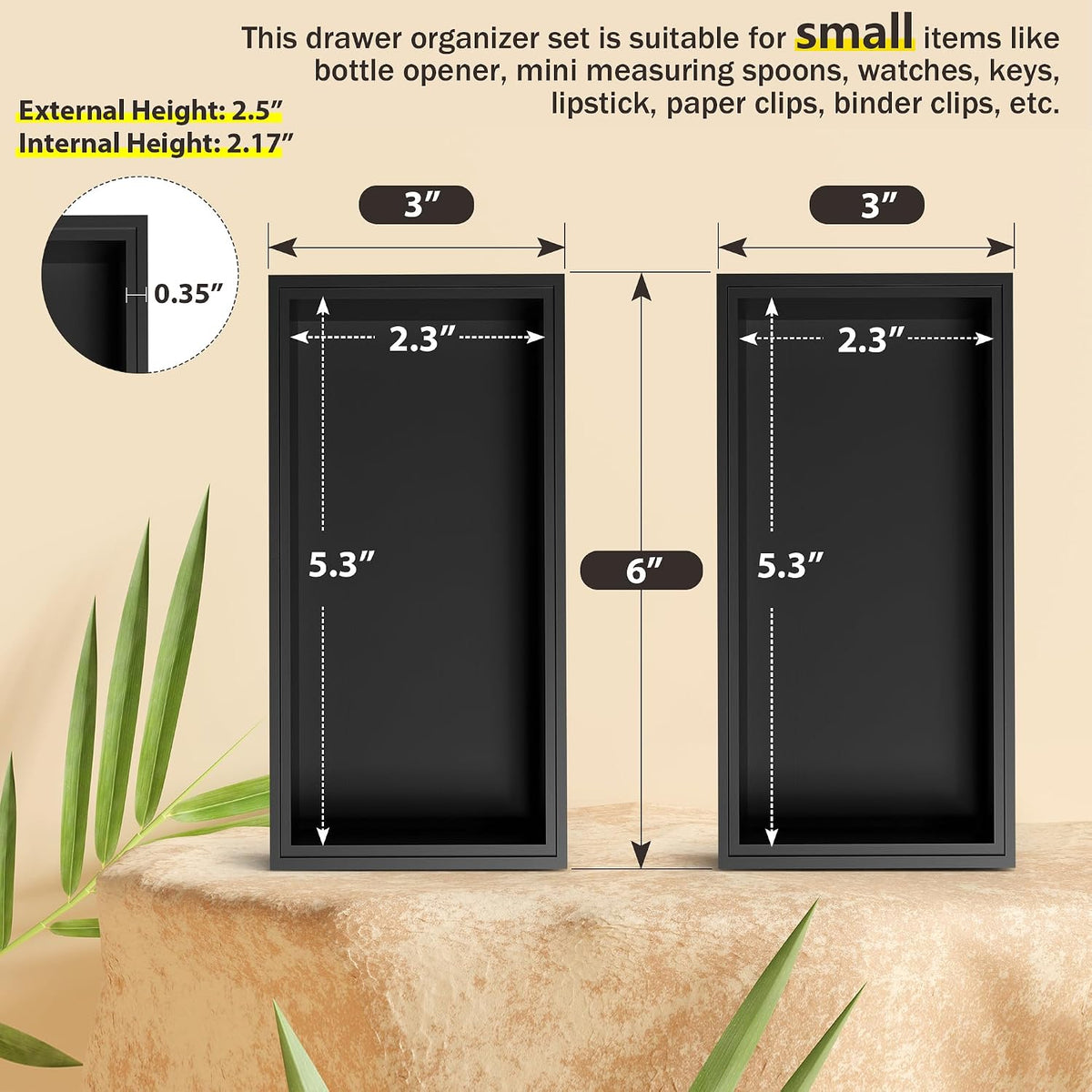 Bamboo Kitchen Drawer Organizer, 2-Pack, 9" x 6" x 2.5", Black