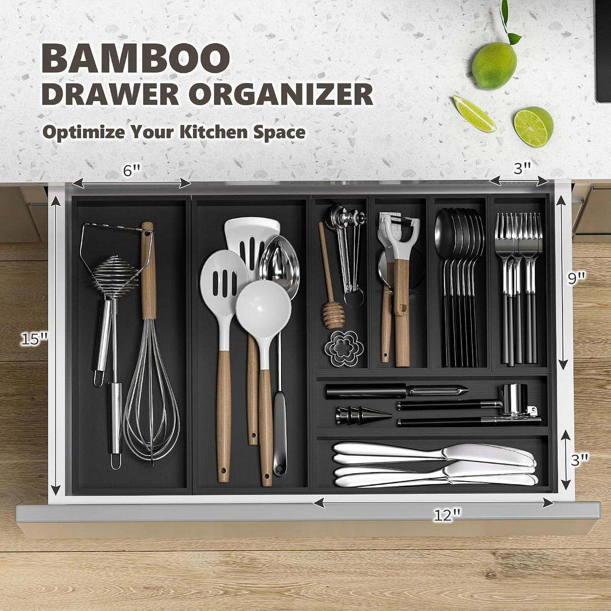 Bamboo Kitchen Drawer Organizer, 2-Pack, 9" x 6" x 2.5", Black
