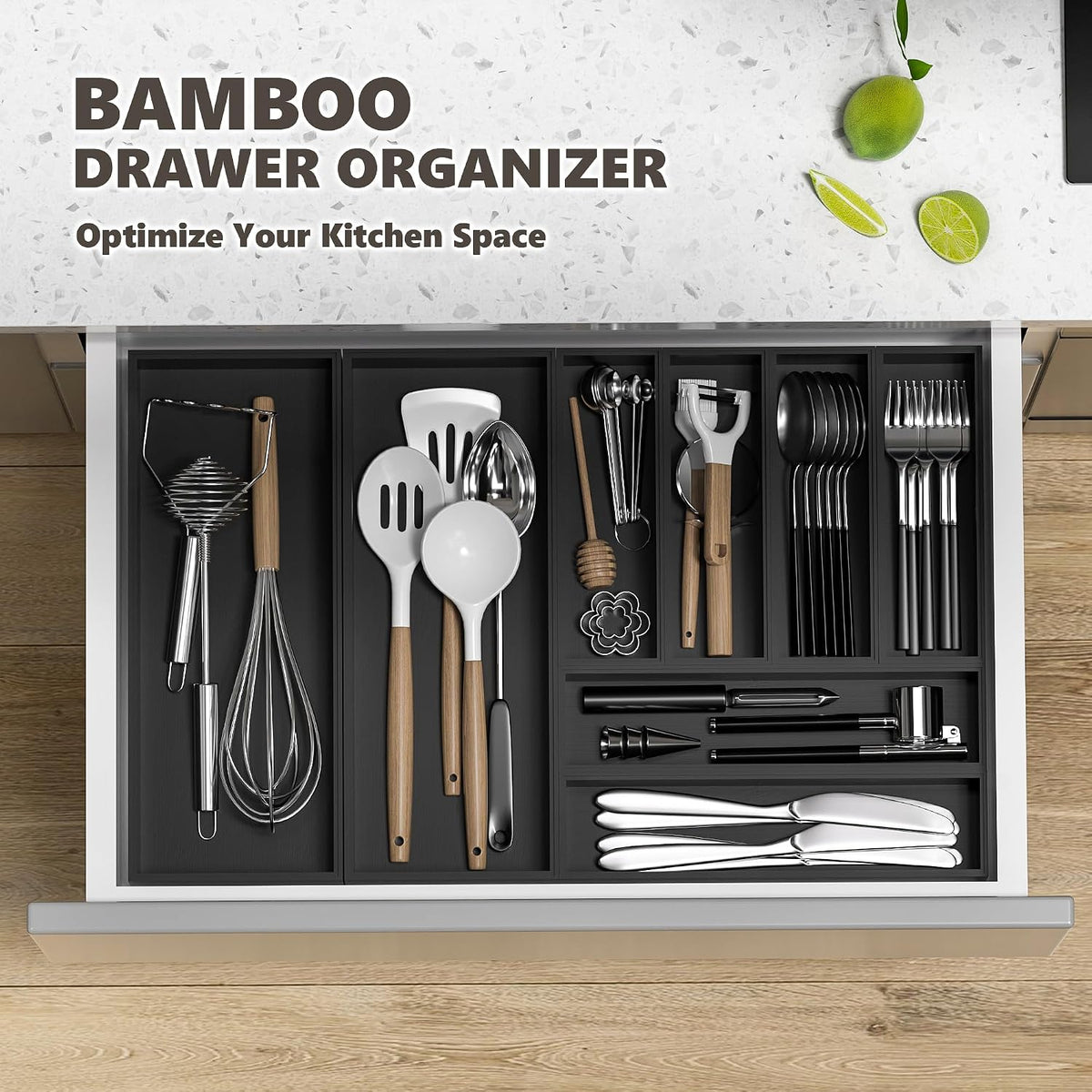 Bamboo Kitchen Drawer Organizer, 2-Pack, 9" x 6" x 2.5", Black