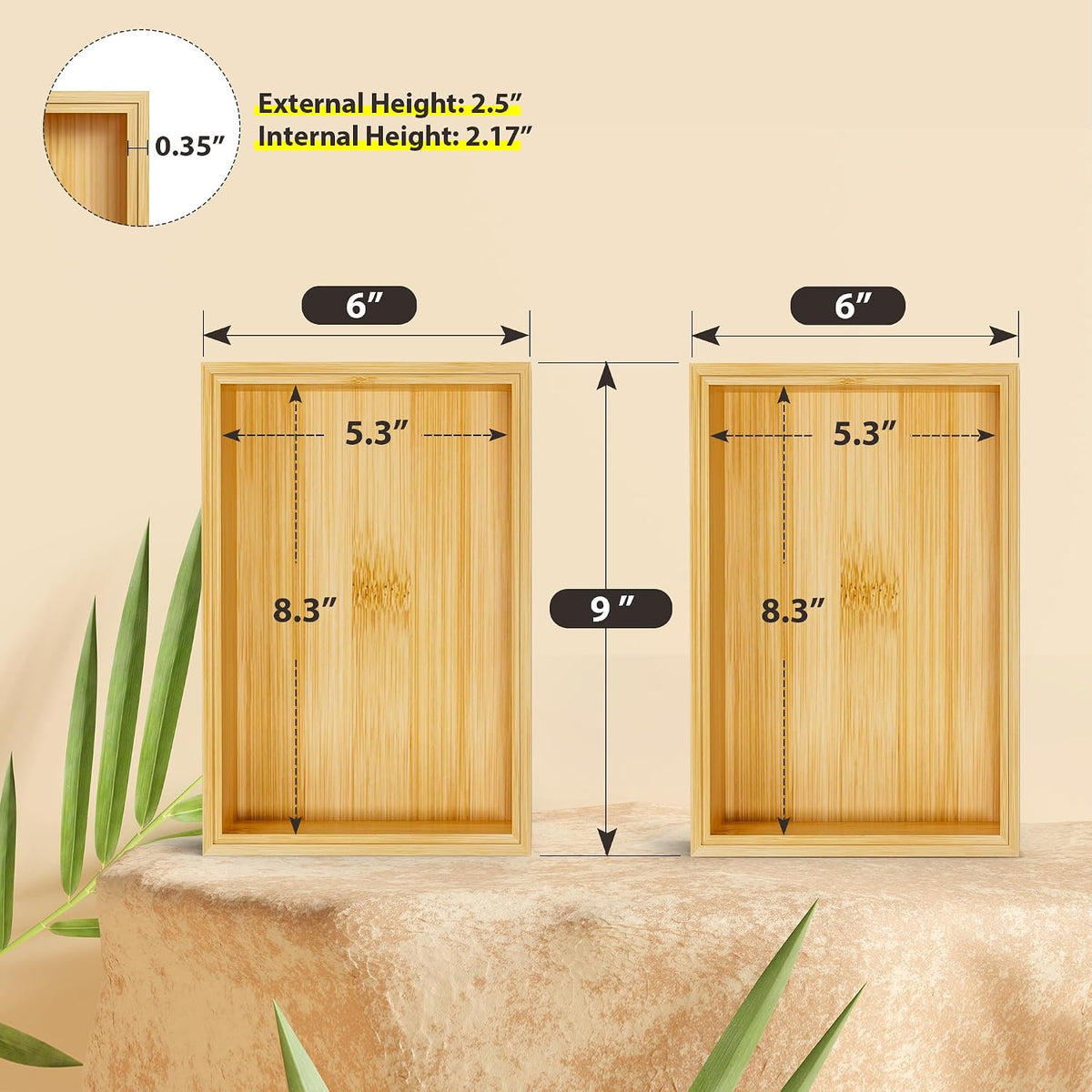 Bamboo Kitchen Drawer Organizer, 2-Pack, 9" x 6" x 2.5", Black