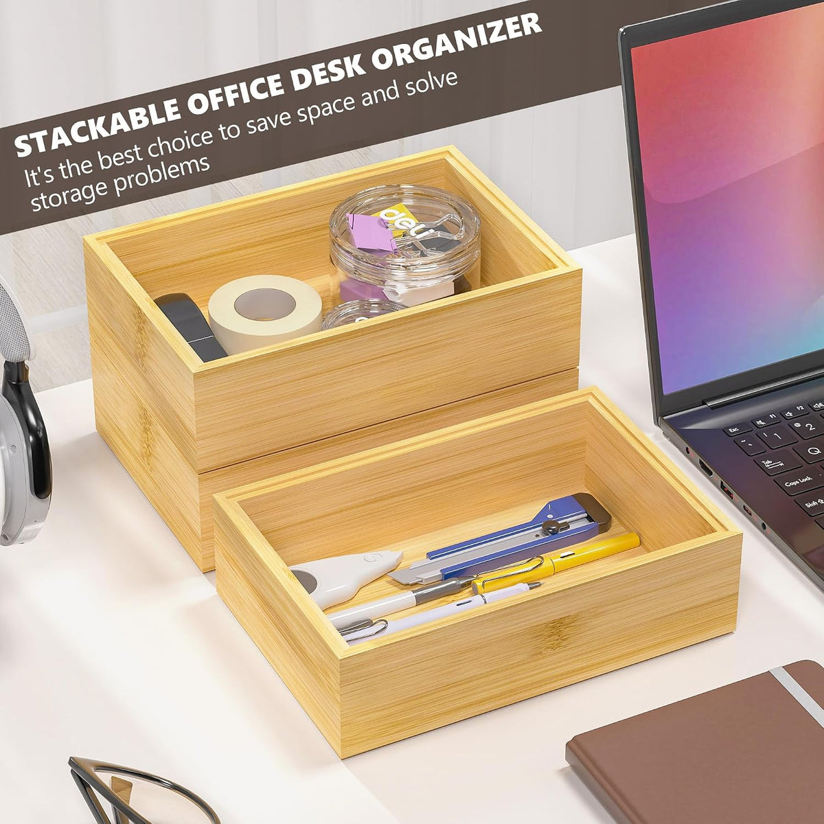 Bamboo Kitchen Drawer Organizer, 2-Pack, 9" x 6" x 2.5", Black