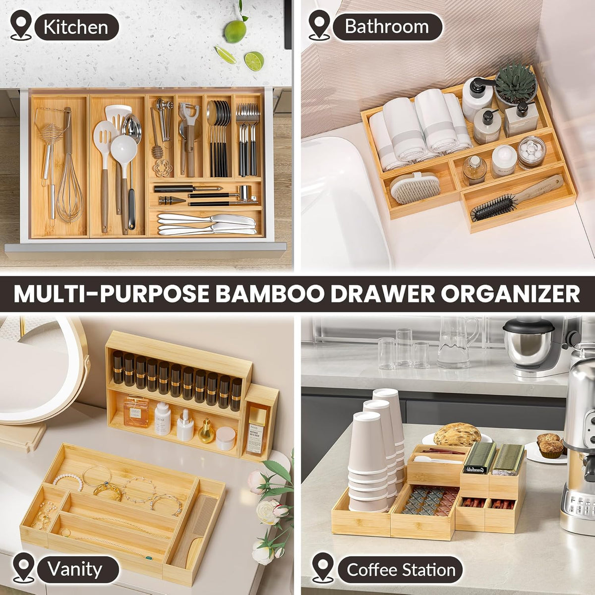 Bamboo Kitchen Drawer Organizer, 2-Pack, 9" x 6" x 2.5", Black