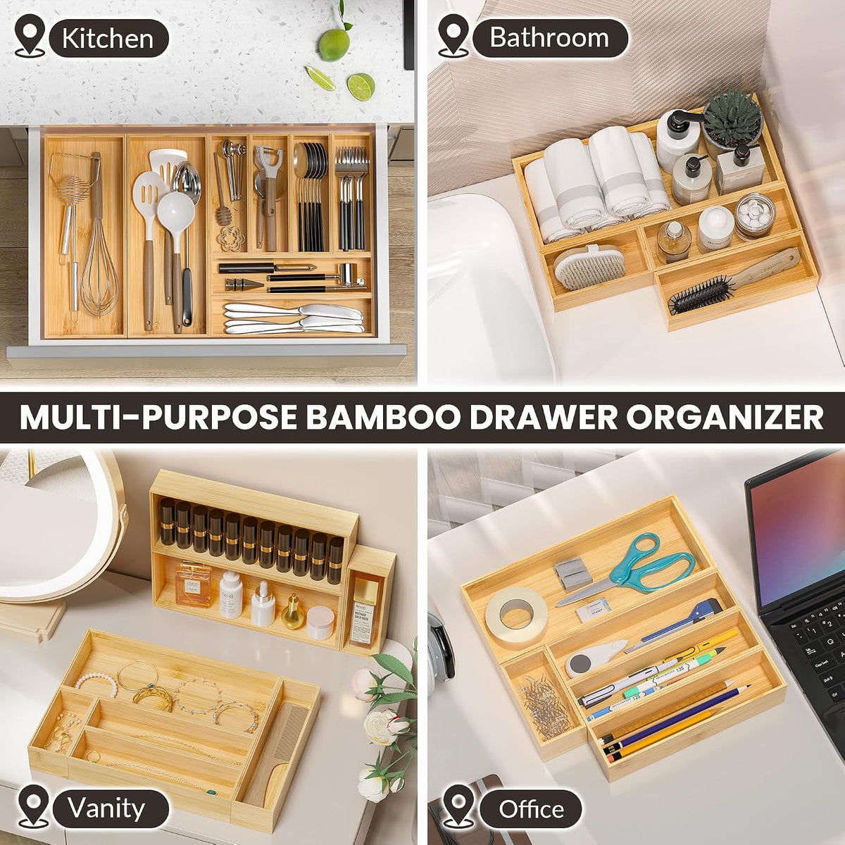 Bamboo Kitchen Drawer Organizer, 2-Pack, 9" x 6" x 2.5", Black