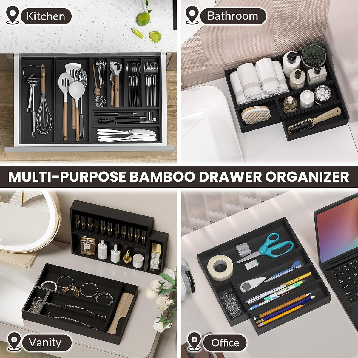 Bamboo Kitchen Drawer Organizer, 2-Pack, 9" x 6" x 2.5", Black
