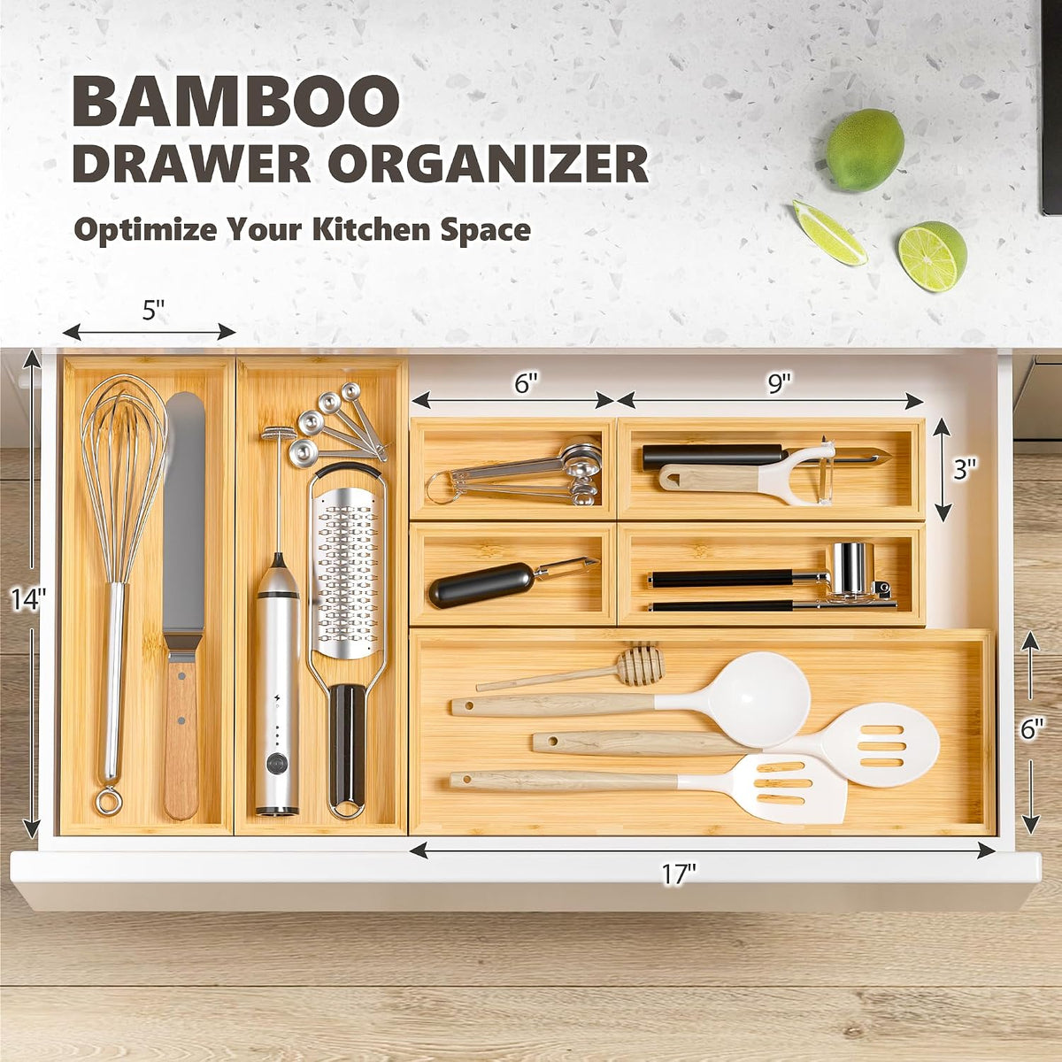 Bamboo Kitchen Drawer Organizer, 2-Pack, 9" x 6" x 2.5", Black