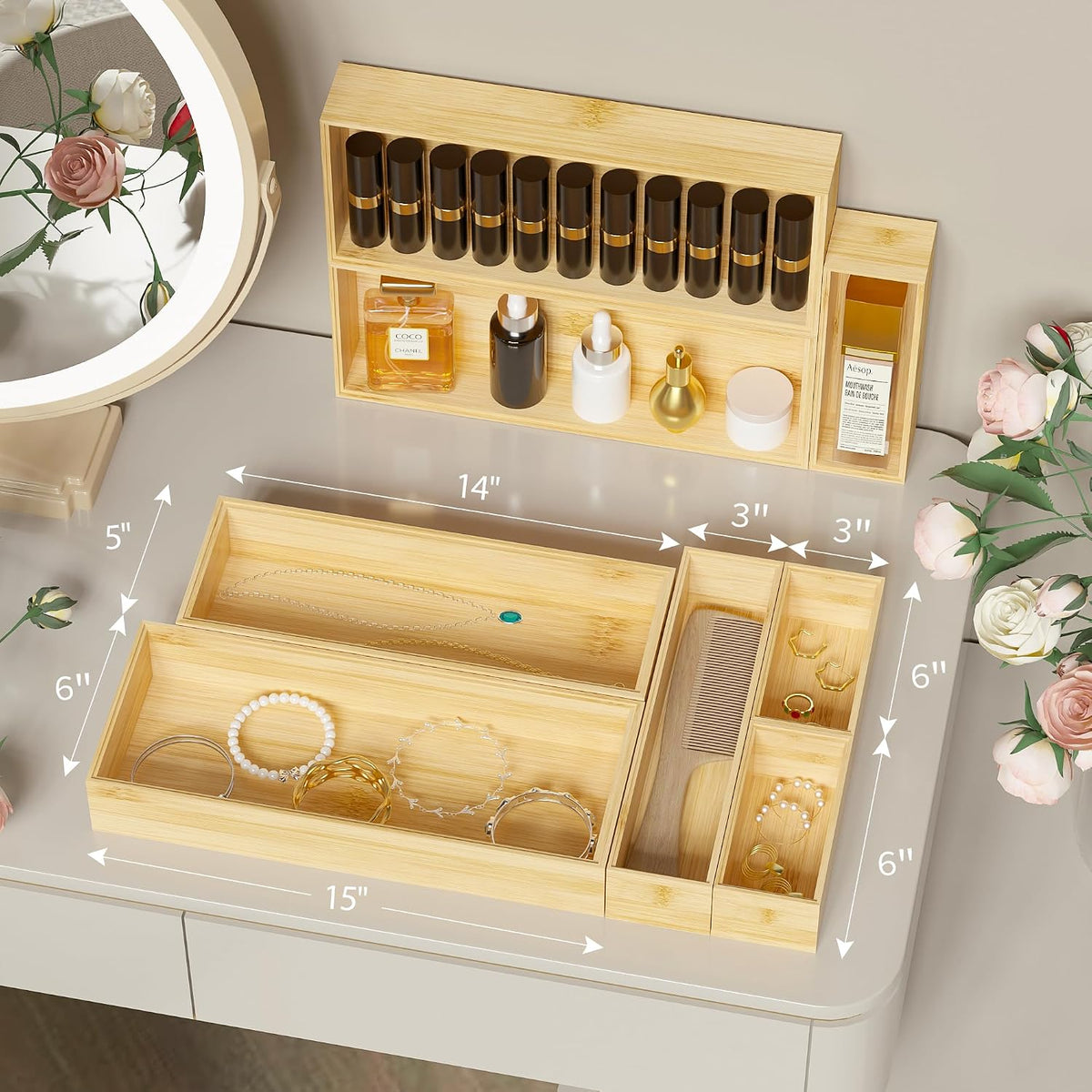 Bamboo Kitchen Drawer Organizer, 2-Pack, 9" x 6" x 2.5", Black