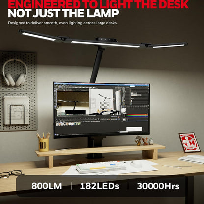 Honeywell Wide Desk Lamp with Clamp for Dual Monitors, 22W Full-Spectrum Eye-Caring LED Desk Lamp for Home Office, 3-Section Adjustable Architect Light for Large Desk, Stepless Dimming, 3000K-5700K