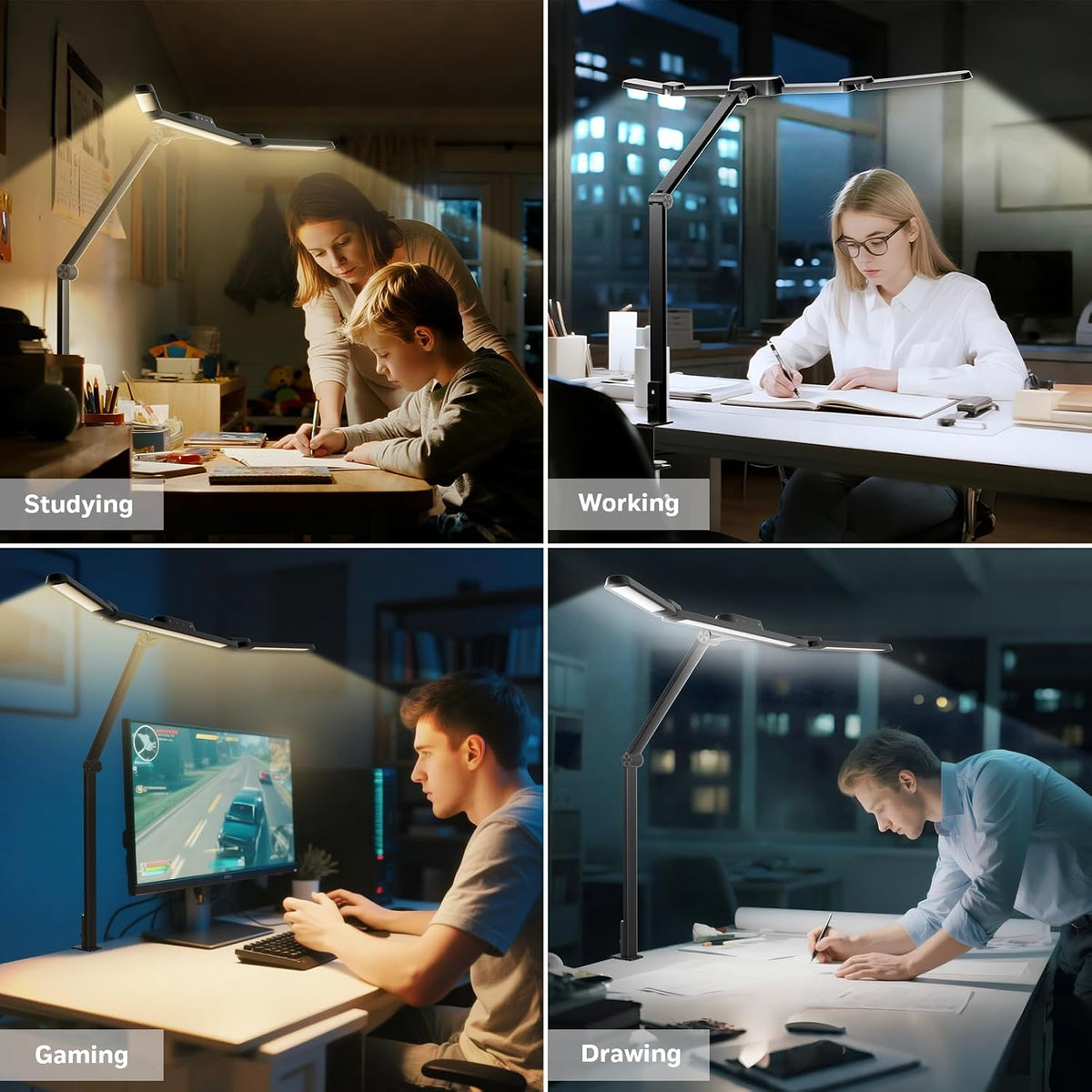 Honeywell Wide Desk Lamp with Clamp for Dual Monitors, 22W Full-Spectrum Eye-Caring LED Desk Lamp for Home Office, 3-Section Adjustable Architect Light for Large Desk, Stepless Dimming, 3000K-5700K